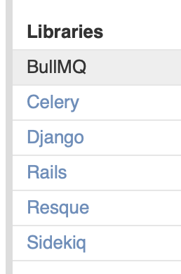 Screenshot of documentation index showing BullMQ